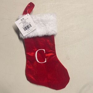 Red Velvet Monogram 'C' Christmas Stocking with White Fur Cuff